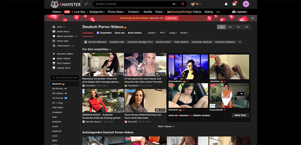 Auch xHamster bietet gratis deutsche Pornos an, ist dabei sogar in deutscher Sprache verfügbar