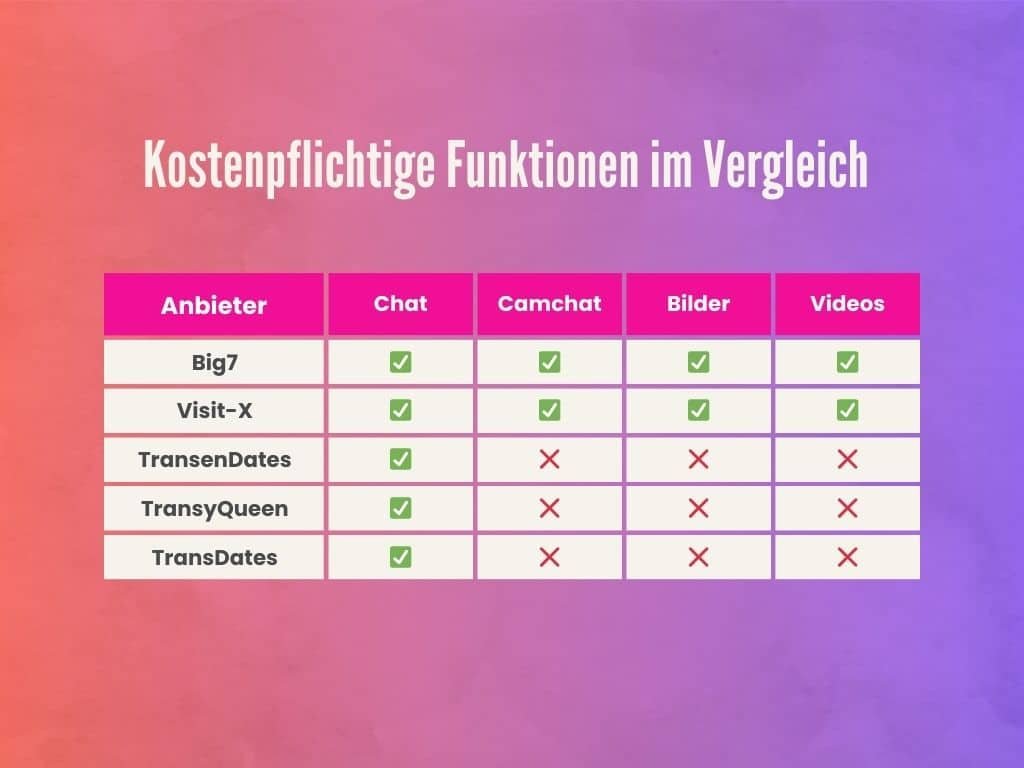 Alle kostenpflichtigen Funktionen der Trans Chatseiten im direkten Vergleich