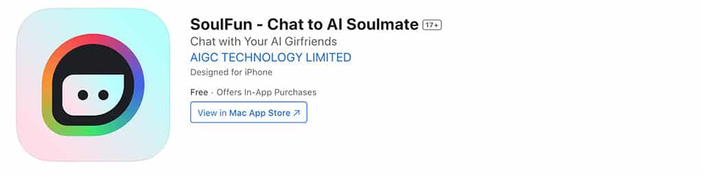 Der AI Sex Chat SoulFun ist ausschließlich als Smartphone App im Apple AppStore und Google PlayStore zu finden